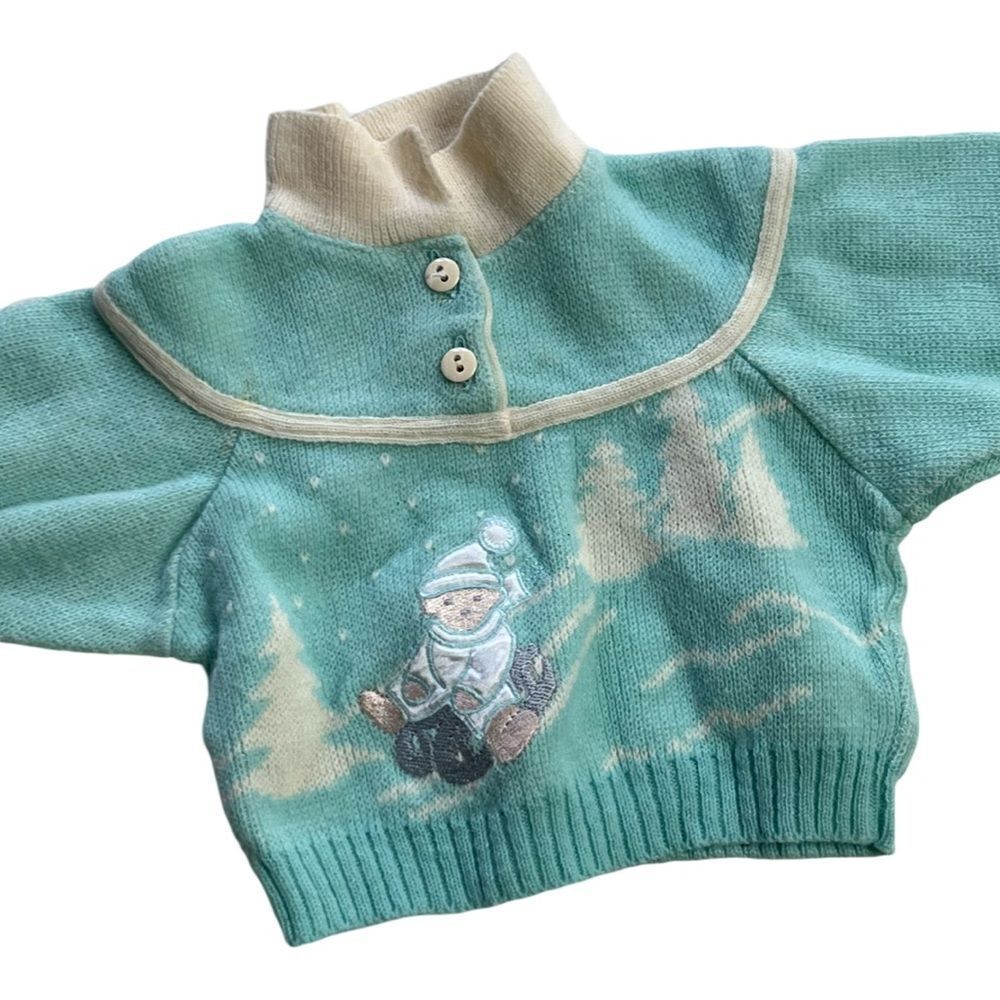 Rad Vintage 1980s Retro Swiss Teddy Bear Sled Apres Ski Twofer Collared Sweater